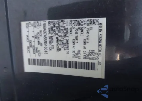 2005 Nissan Titan Xe z USA, uszkodzony, nr VIN 1N6BA07A55N546613